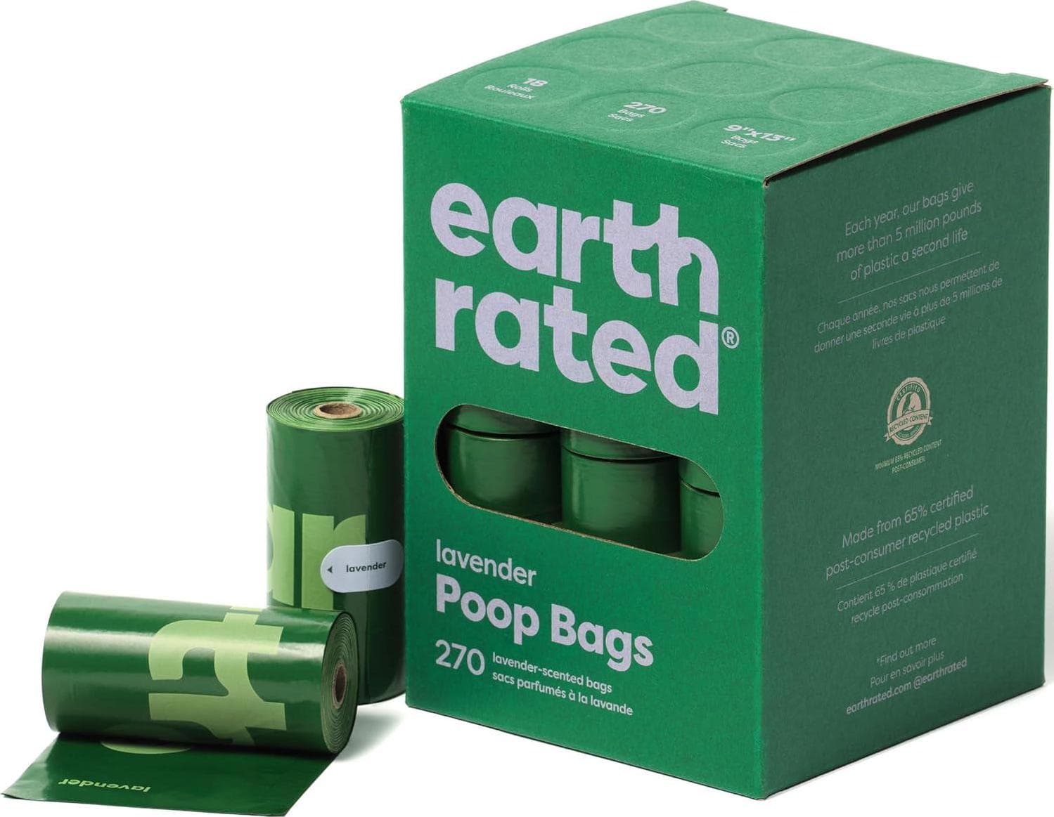 Earth Rated Dog Poop Bags – Guaranteed Leak Proof, Extra Thick Refill Rolls – Lavender Scented, 270 Count