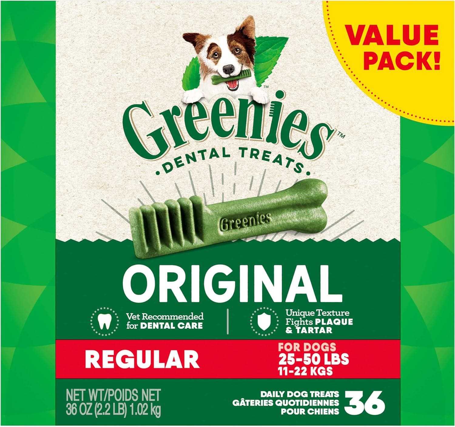 Greenies Greenies Original Regular Natural Dog Dental Care Chews Oral Health Dog Treats, 36 count (Pack of 1)