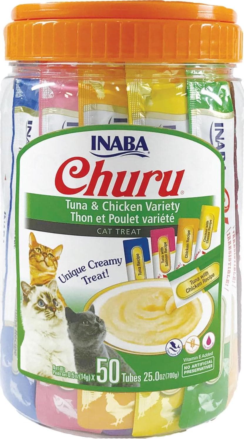 INABA Churu Cat Treats – Grain-Free, Lickable, Squeezable Purée – Tuna and Chicken Variety – 0.5 oz Each Tube, 50 Tubes