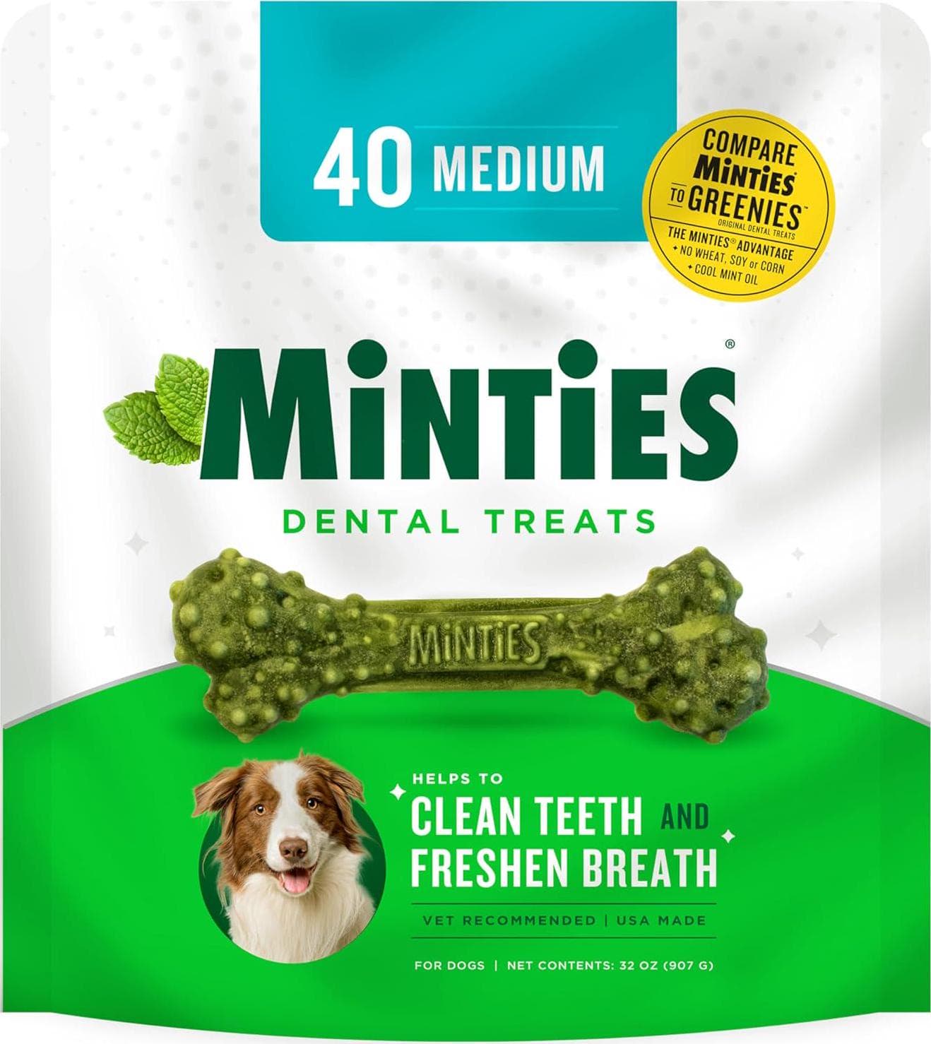 Minties Dental Chews for Medium Dogs (25-50 lbs) – 40 Count – Mint-Flavored Dental Treats – Clean Teeth, Freshen Breath