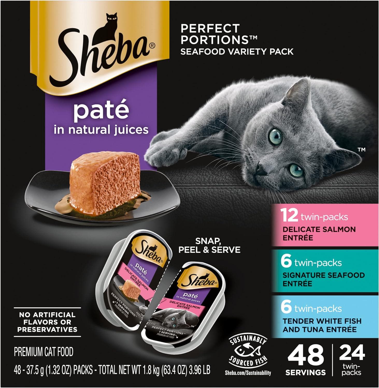 SHEBA PERFECT PORTIONS Paté Adult Wet Cat Food Trays – Signature Seafood Entrée, 24 Count, 48 Servings