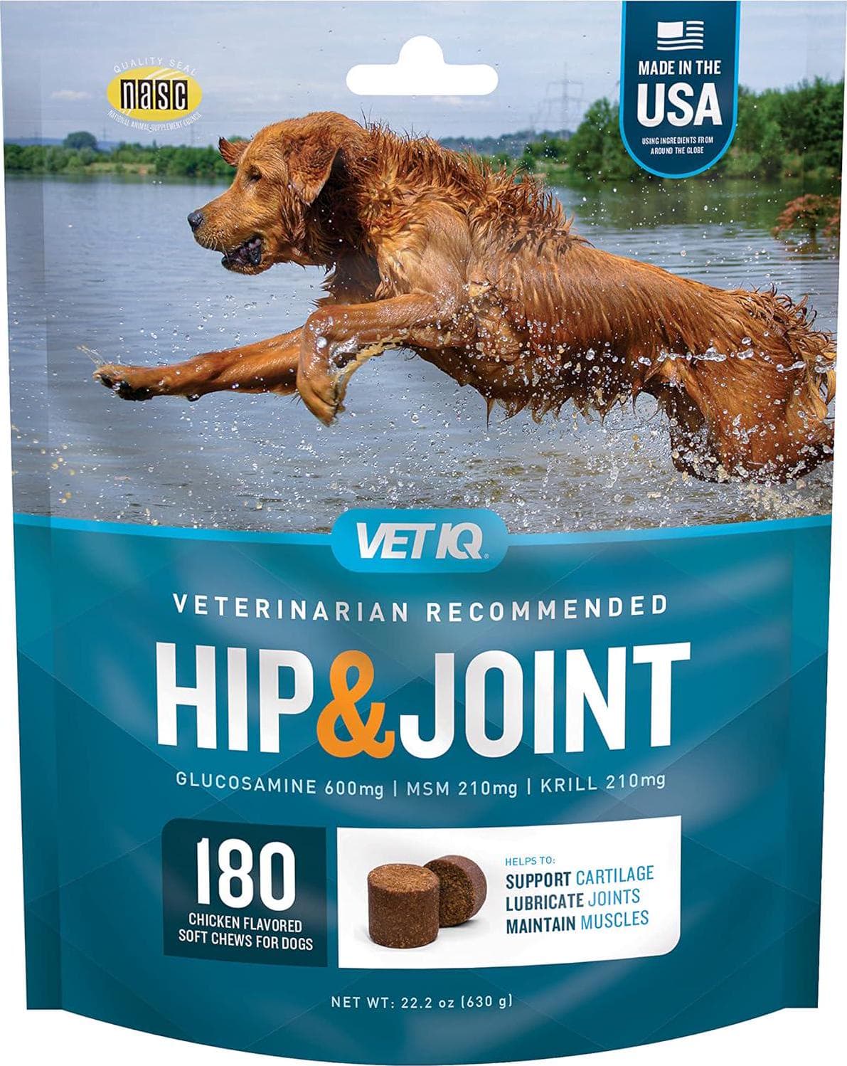 VetIQ Glucosamine Hip and Joint Supplement for Dogs – 180 Soft Chews – Chicken Flavored, with MSM and Krill